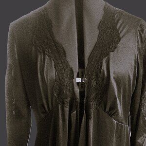 Vintage Rosa Puleo-Szule Black Satin Lace Sleeve Long Negligee Gothic Lingerie